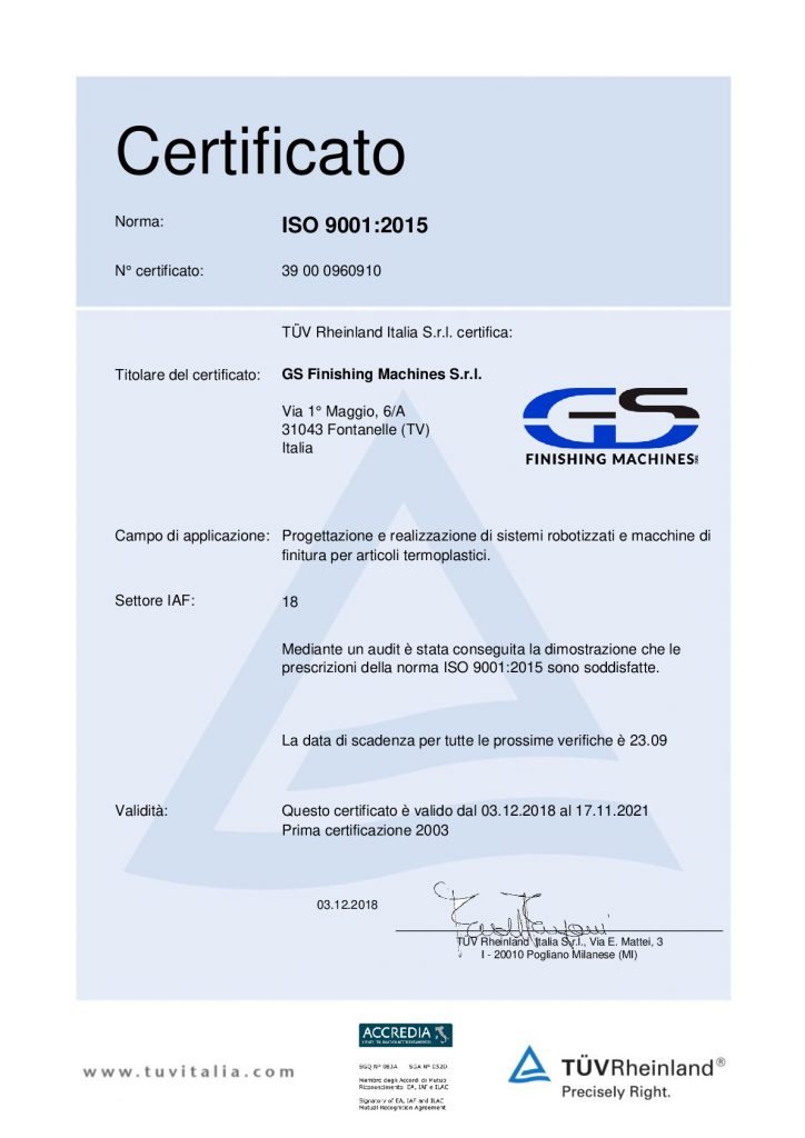 ABBIAMO RINNOVATO LA CERTIFICAZIONE ISO 9001:2015 – GS Finishing Machines